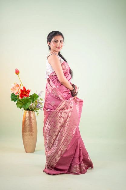 Plum Wine Banarasi Silk Saree - Floral Vine Border