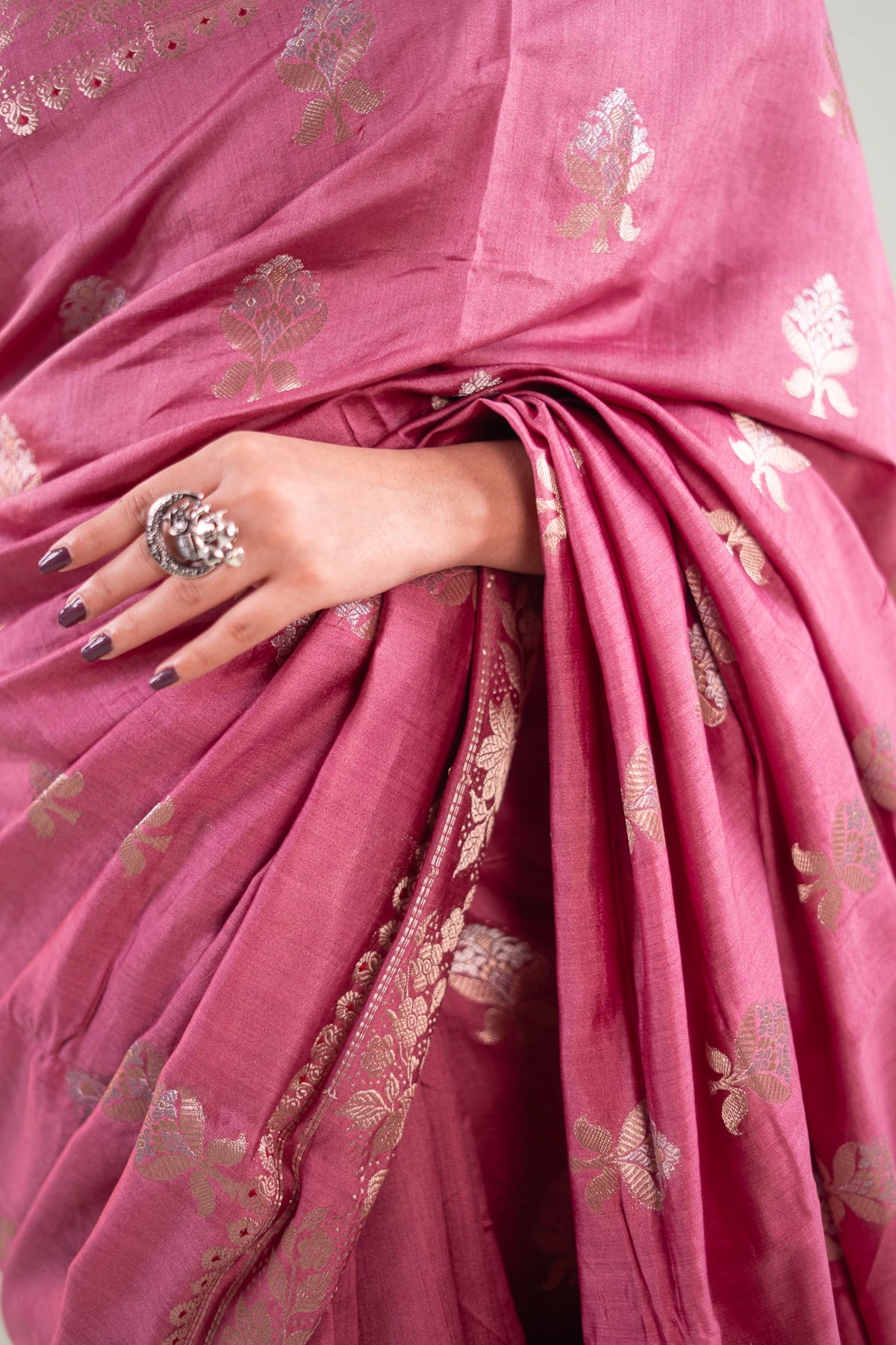 Plum Wine Banarasi Silk Saree - Floral Vine Border
