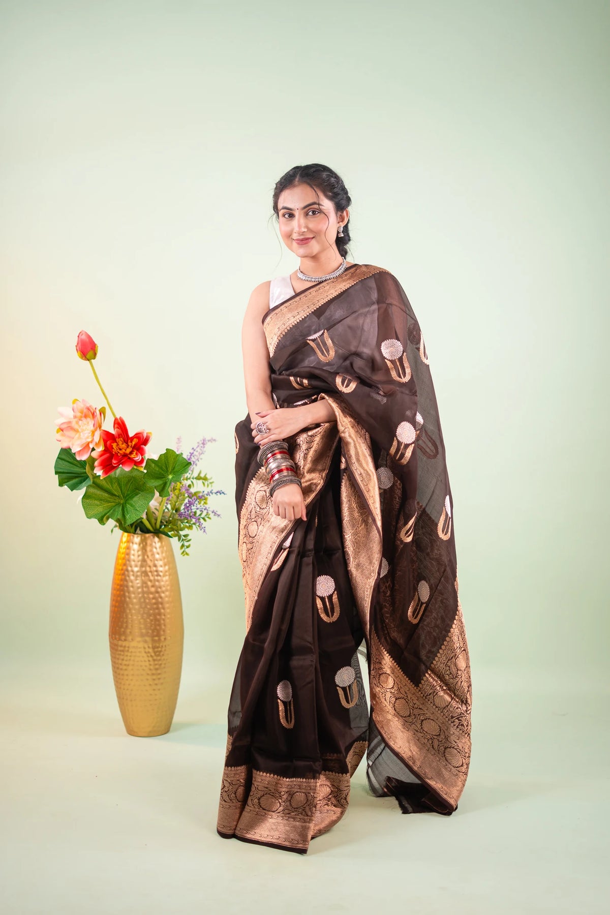 Dark Chocolate Banarasi Silk Saree - Floral Arch Border