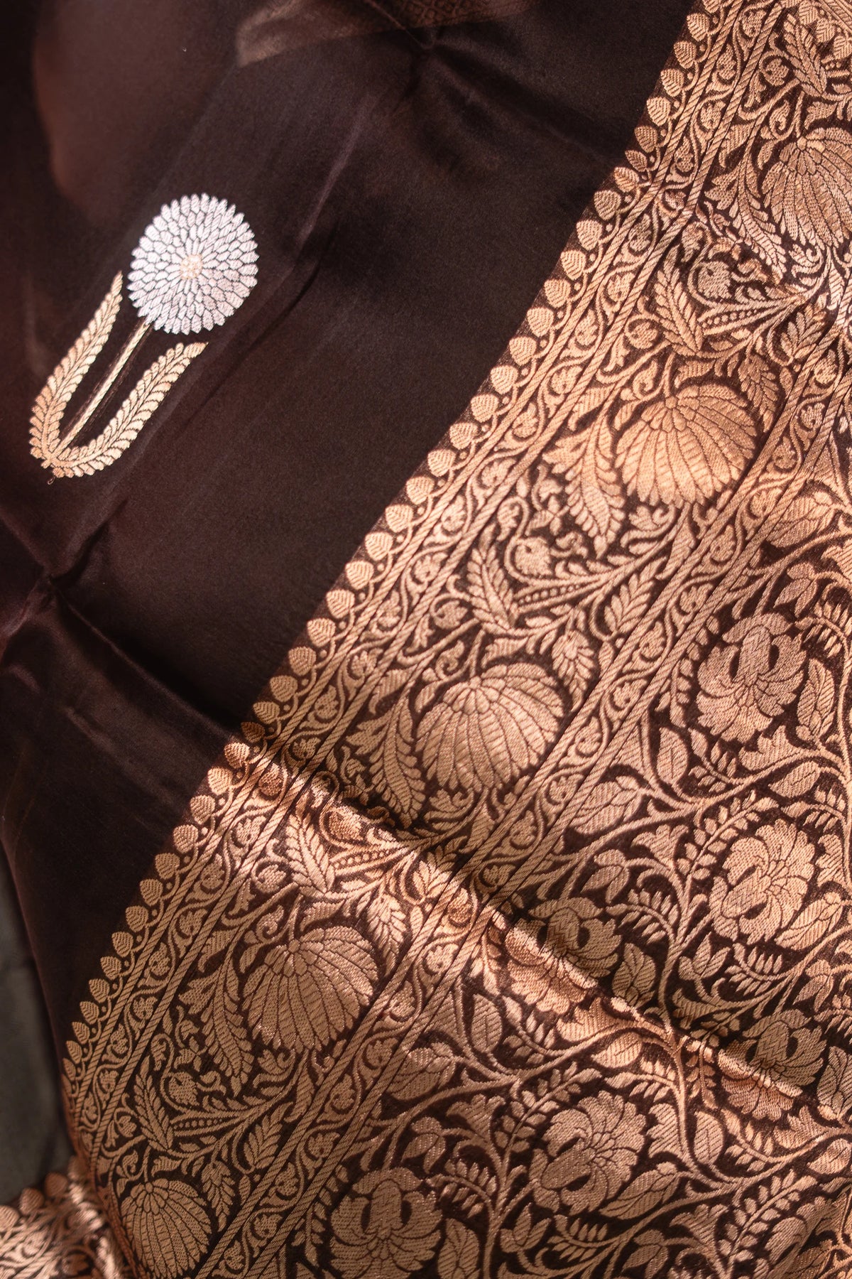 Dark Chocolate Banarasi Silk Saree - Floral Arch Border