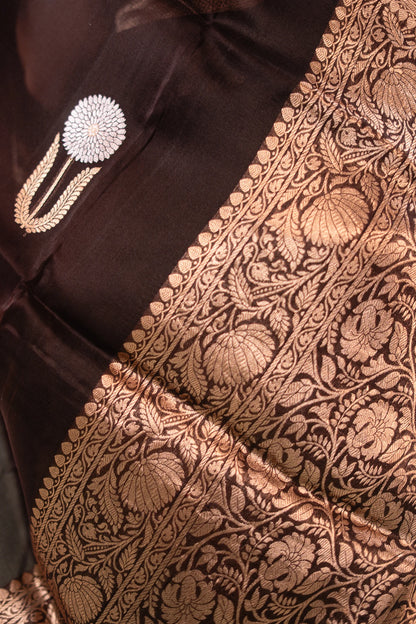 Dark Chocolate Banarasi Silk Saree - Floral Arch Border