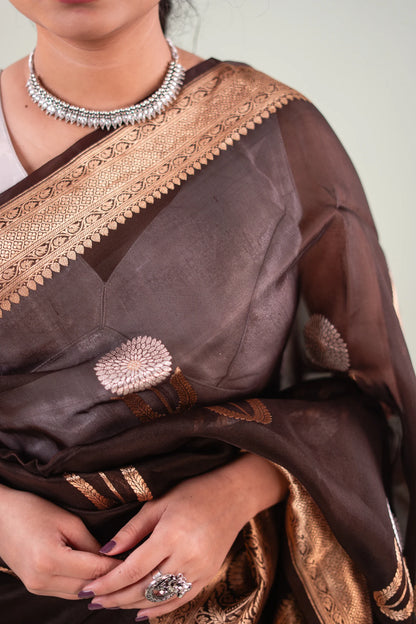 Dark Chocolate Banarasi Silk Saree - Floral Arch Border