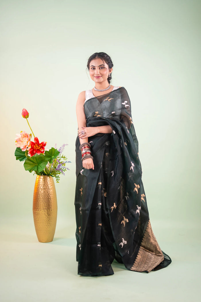 Bottle Green Banarasi Silk Saree - Bird Floral Motifs