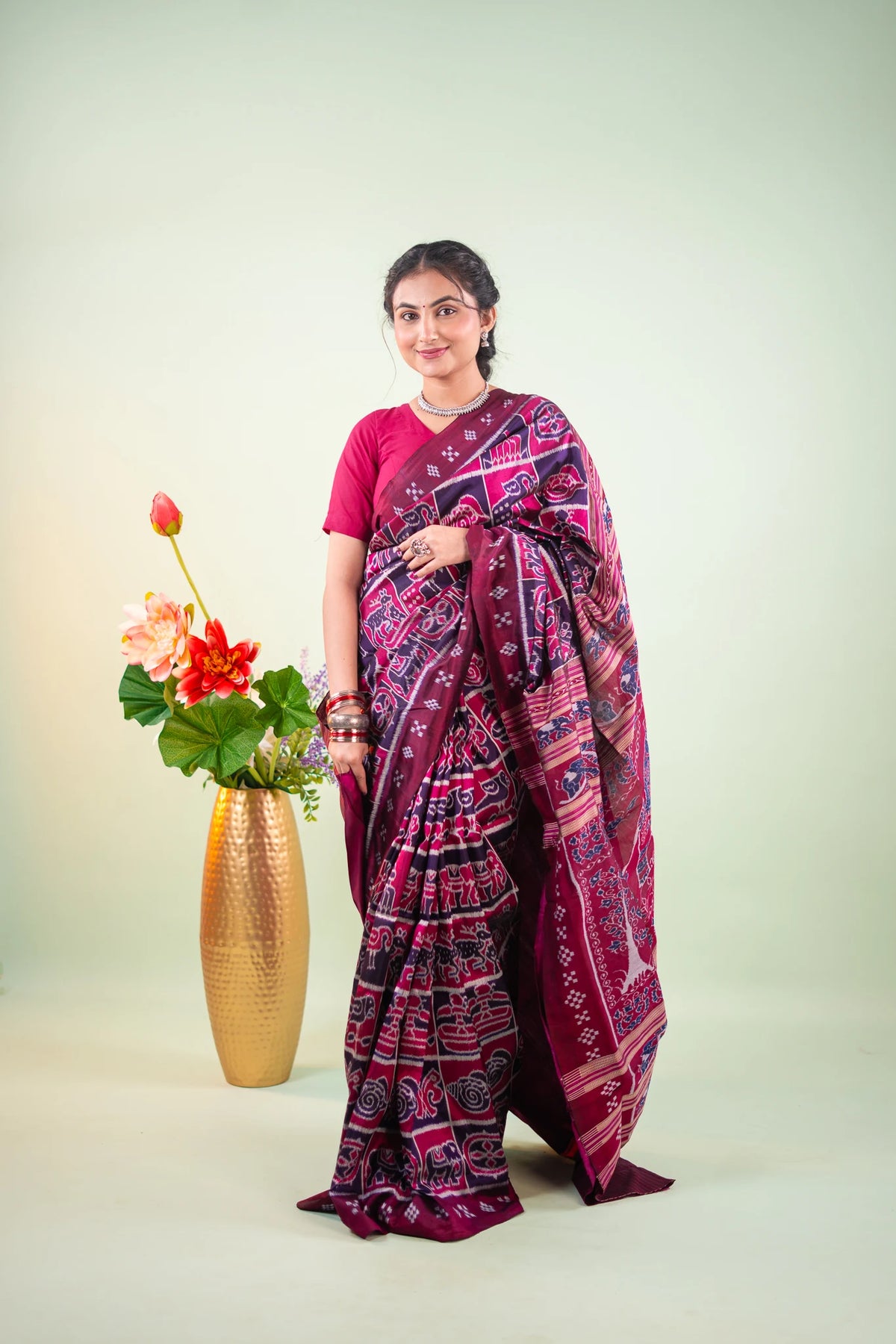 Magenta & Purple Shankha Motif Khandua Silk Saree | Atulya Karigari