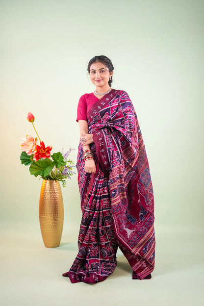 Magenta & Purple Shankha Motif Khandua Silk Saree | Atulya Karigari