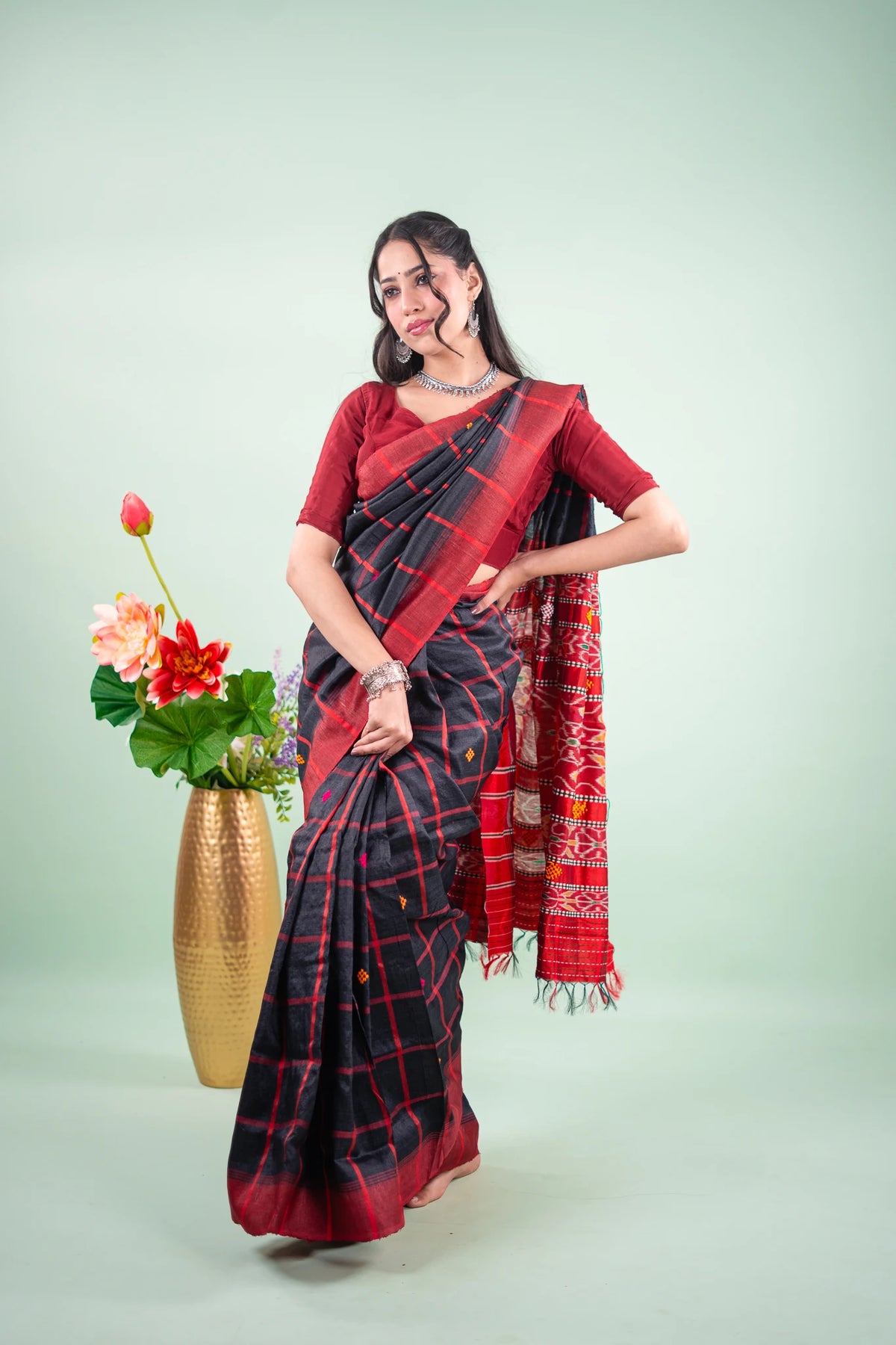 Charcoal Crimson Check Tussar Saree