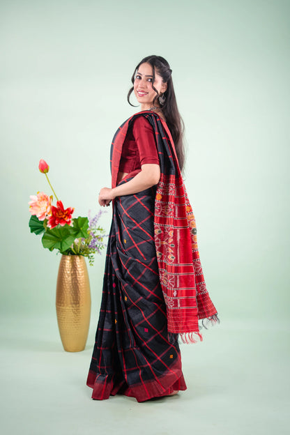 Charcoal Crimson Check Tussar Saree
