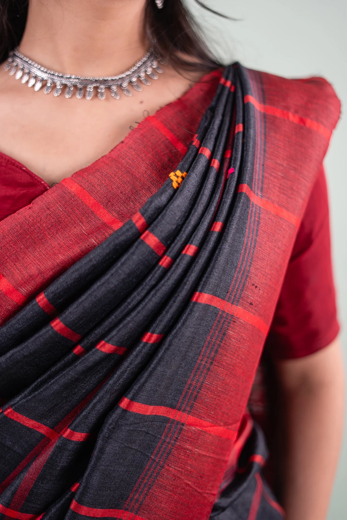 Charcoal Crimson Check Tussar Saree