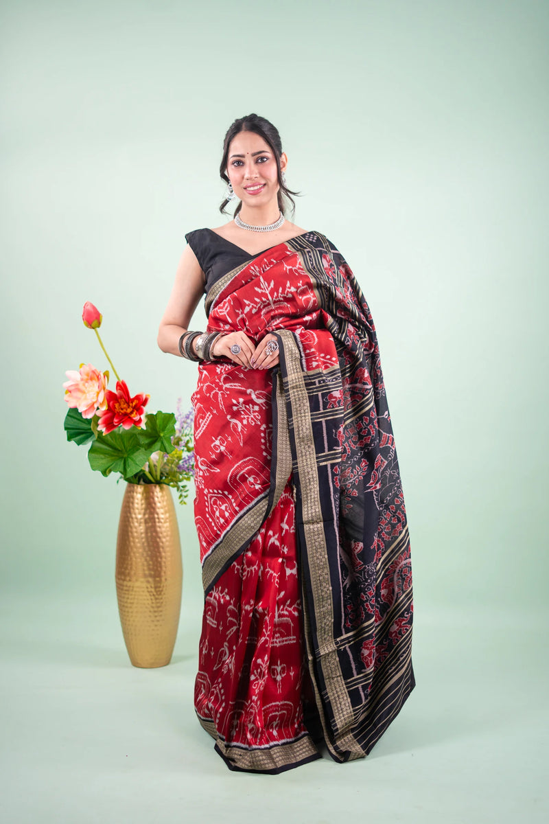 Crimson Red Bird Motif Khandua Silk Saree
