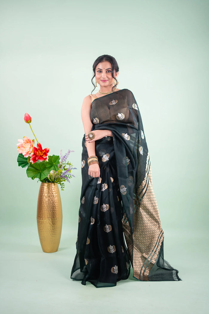 Olive Green Banarasi Silk Saree - Dual-Tone Medallion