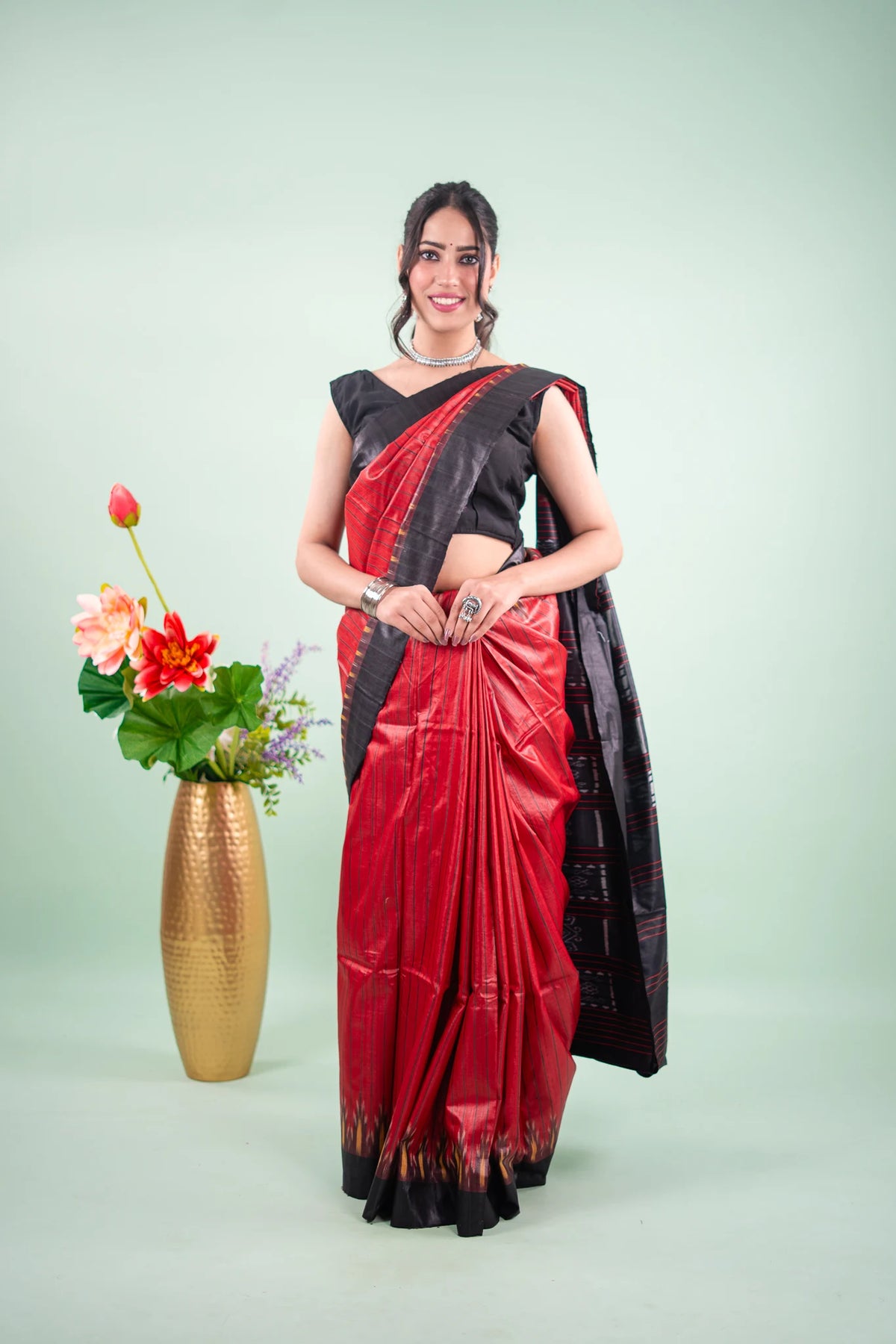 Crimson Black Striped Ikat Tussar Saree