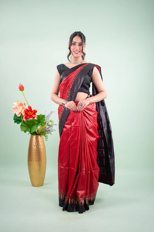 Crimson Black Striped Ikat Tussar Saree