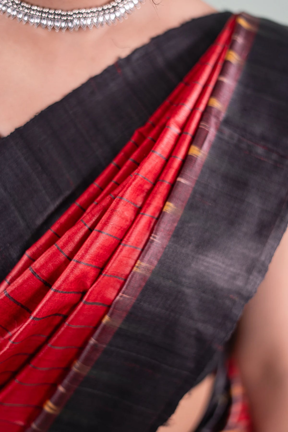 Crimson Black Striped Ikat Tussar Saree