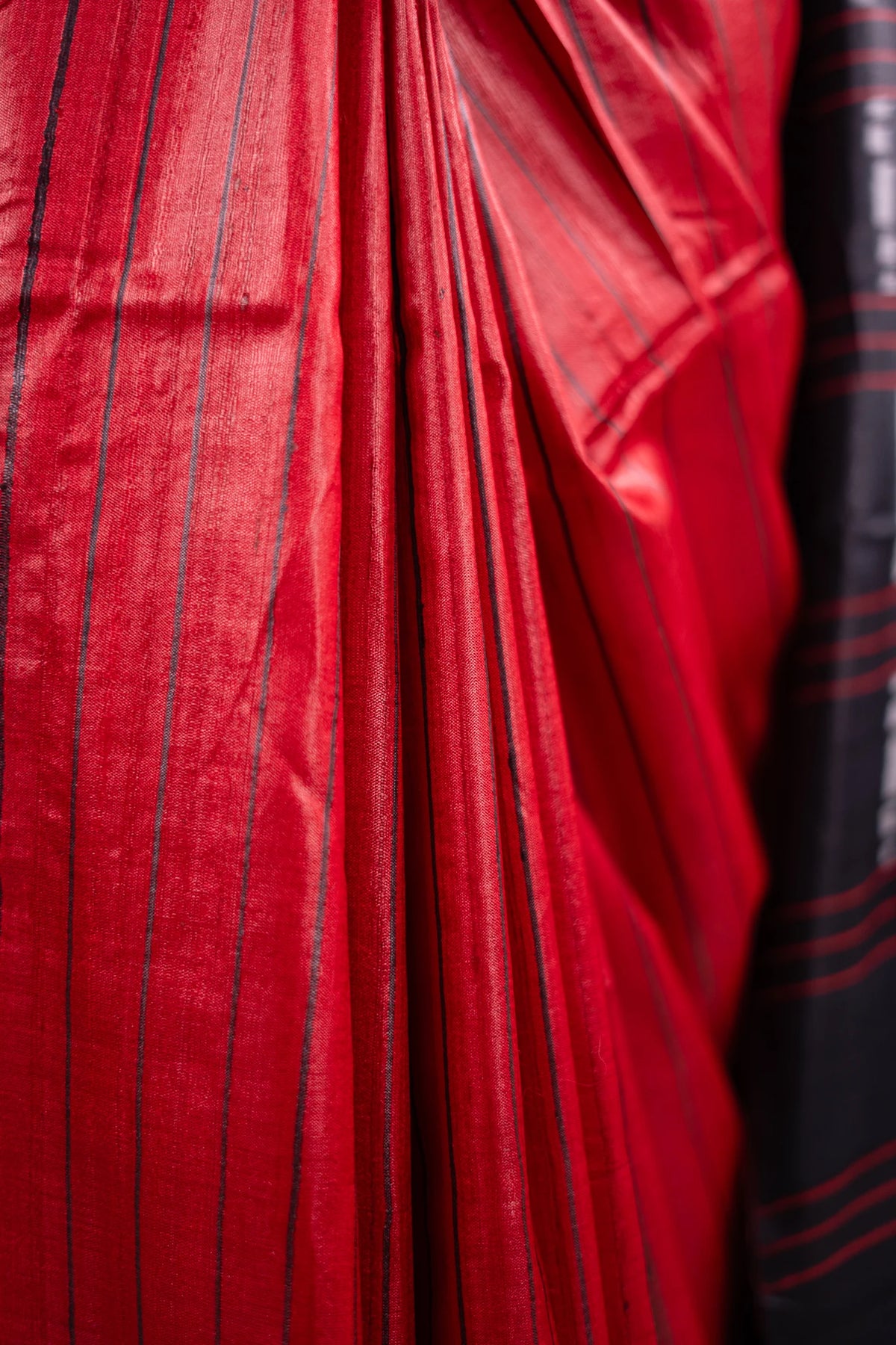 Crimson Black Striped Ikat Tussar Saree