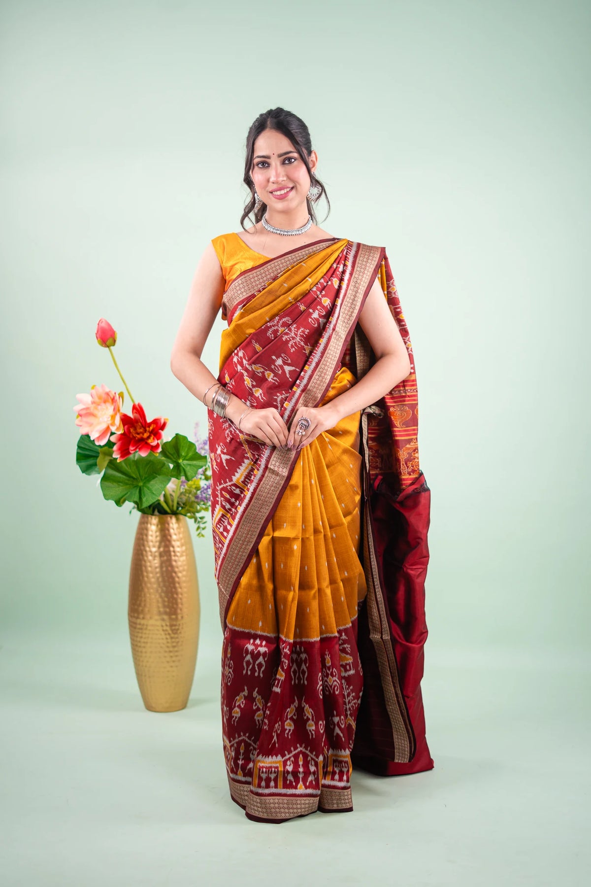 Mustard Yellow & Red Khandua Silk Saree | Atulya Karigari