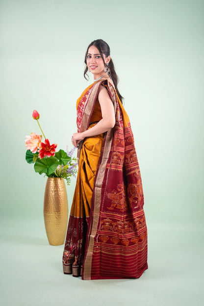 Mustard Yellow & Red Khandua Silk Saree | Atulya Karigari