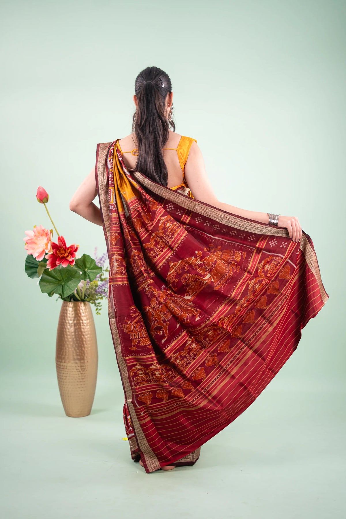 Mustard Yellow & Red Khandua Silk Saree | Atulya Karigari