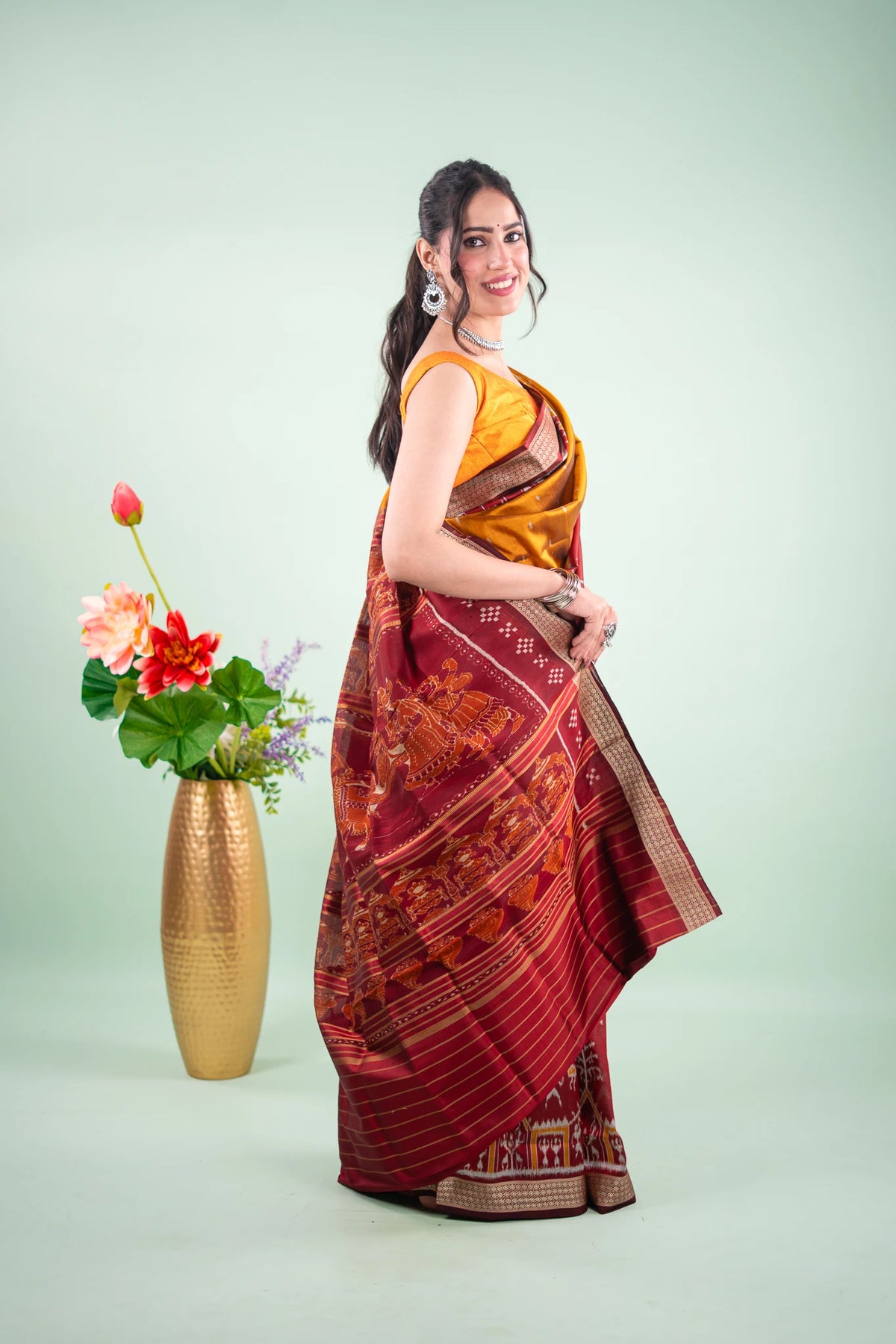 Mustard Yellow & Red Khandua Silk Saree | Atulya Karigari