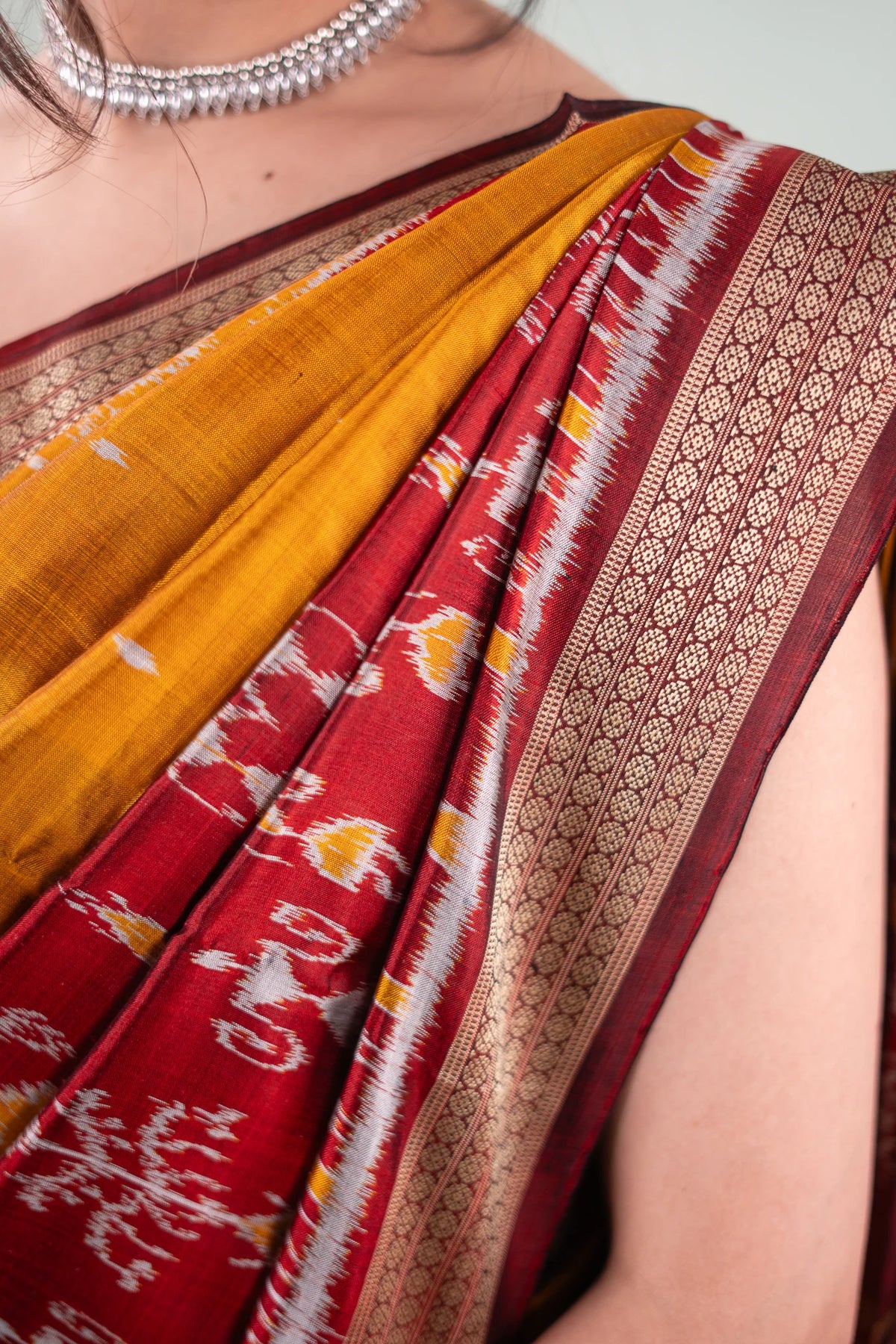 Mustard Yellow & Red Khandua Silk Saree | Atulya Karigari