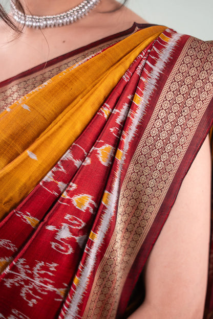Mustard Yellow & Red Khandua Silk Saree | Atulya Karigari