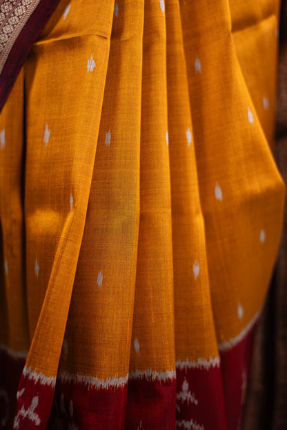 Mustard Yellow & Red Khandua Silk Saree | Atulya Karigari
