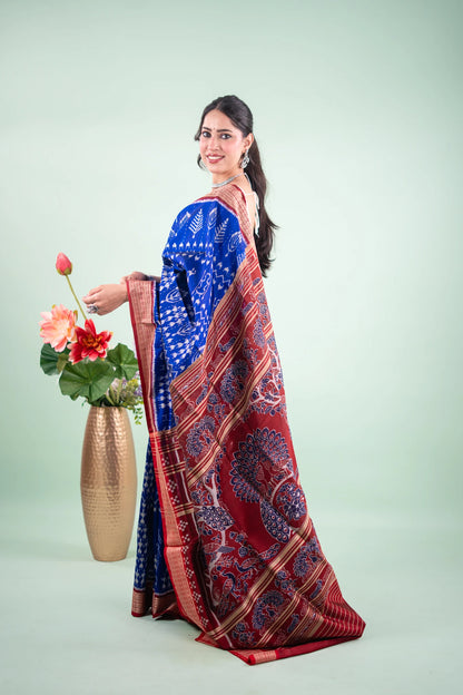 Royal Blue & Maroon Tree Motif Khandua Silk Saree | Atulya Karigari