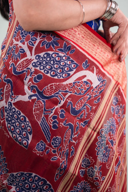 Royal Blue & Maroon Tree Motif Khandua Silk Saree | Atulya Karigari