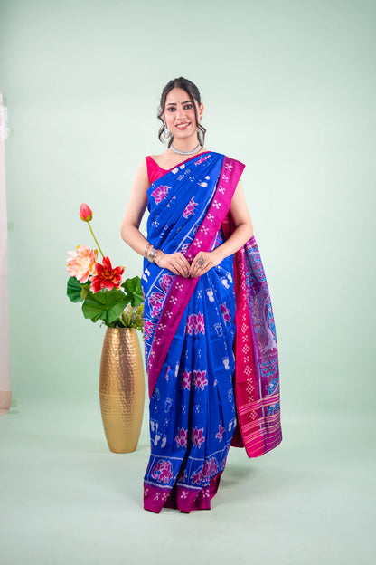 Royal Blue & Magenta Lotus Motif Khandua Silk Saree | Atulya Karigari