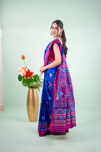 Royal Blue & Magenta Lotus Motif Khandua Silk Saree | Atulya Karigari