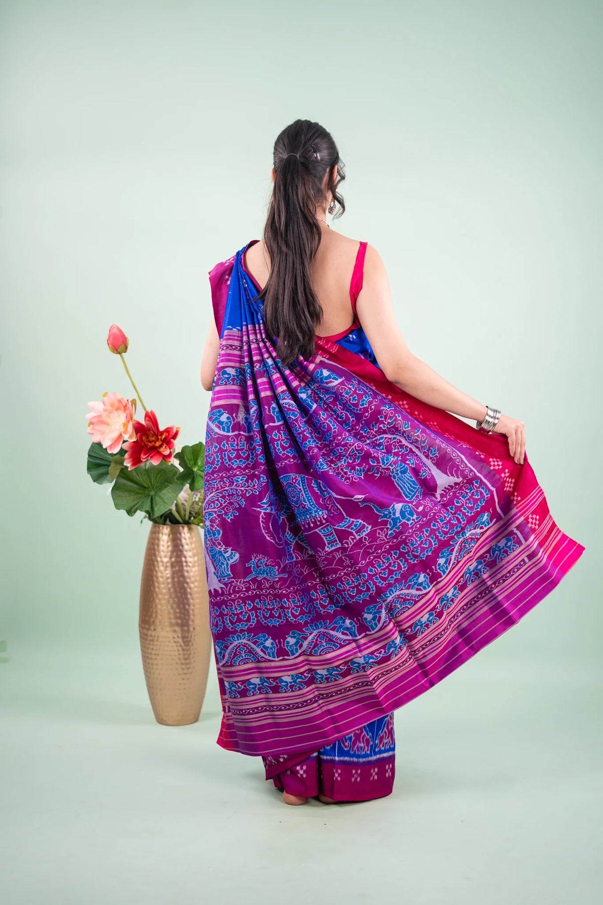 Royal Blue & Magenta Lotus Motif Khandua Silk Saree | Atulya Karigari