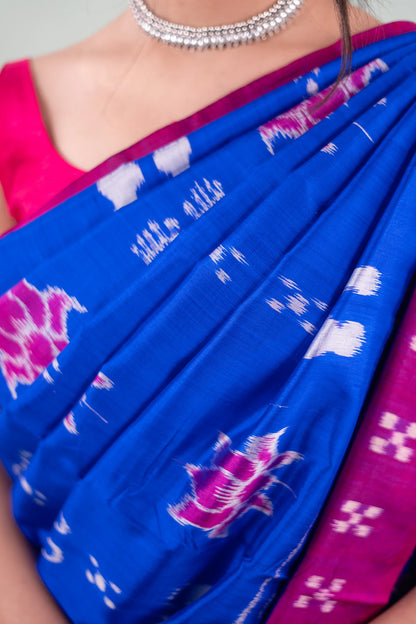 Royal Blue & Magenta Lotus Motif Khandua Silk Saree | Atulya Karigari