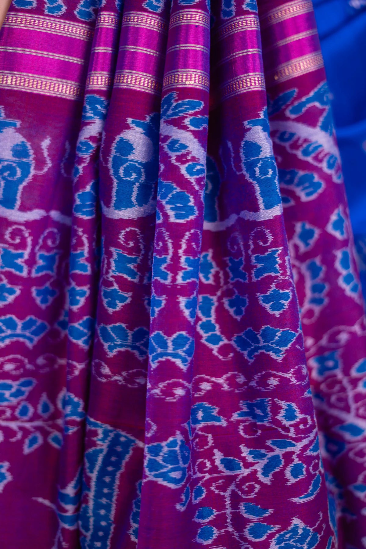 Royal Blue & Magenta Lotus Motif Khandua Silk Saree | Atulya Karigari