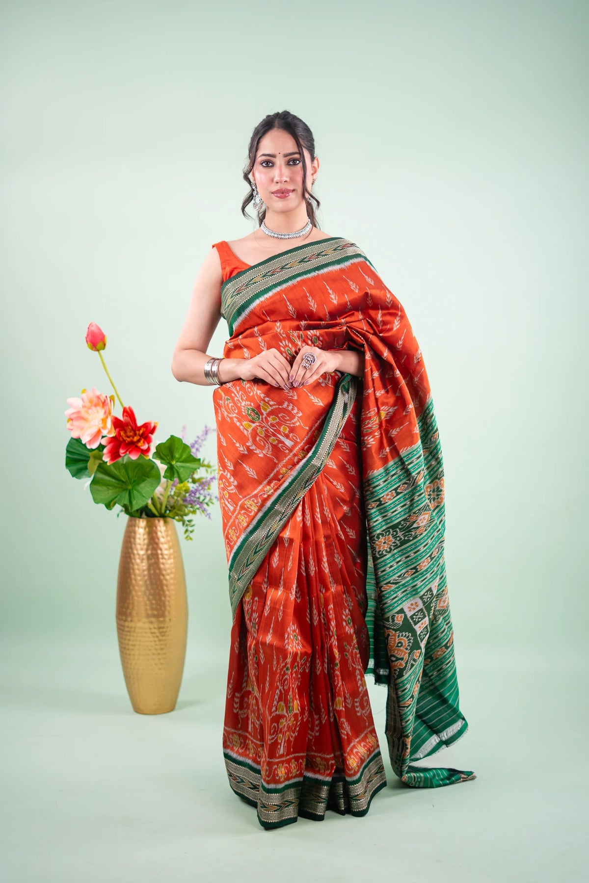 Rust Orange & Forest Green Khandua Silk Saree | Atulya Karigari