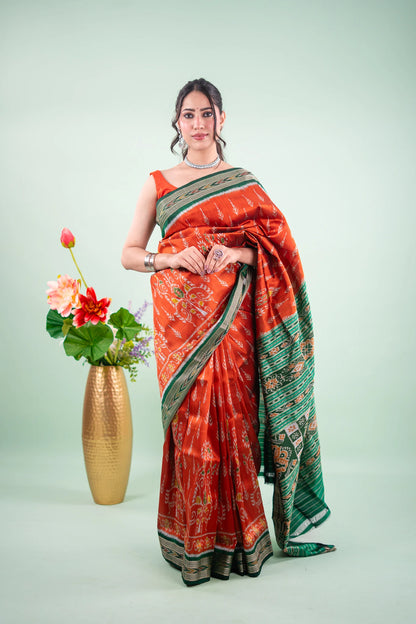 Rust Orange & Forest Green Khandua Silk Saree | Atulya Karigari