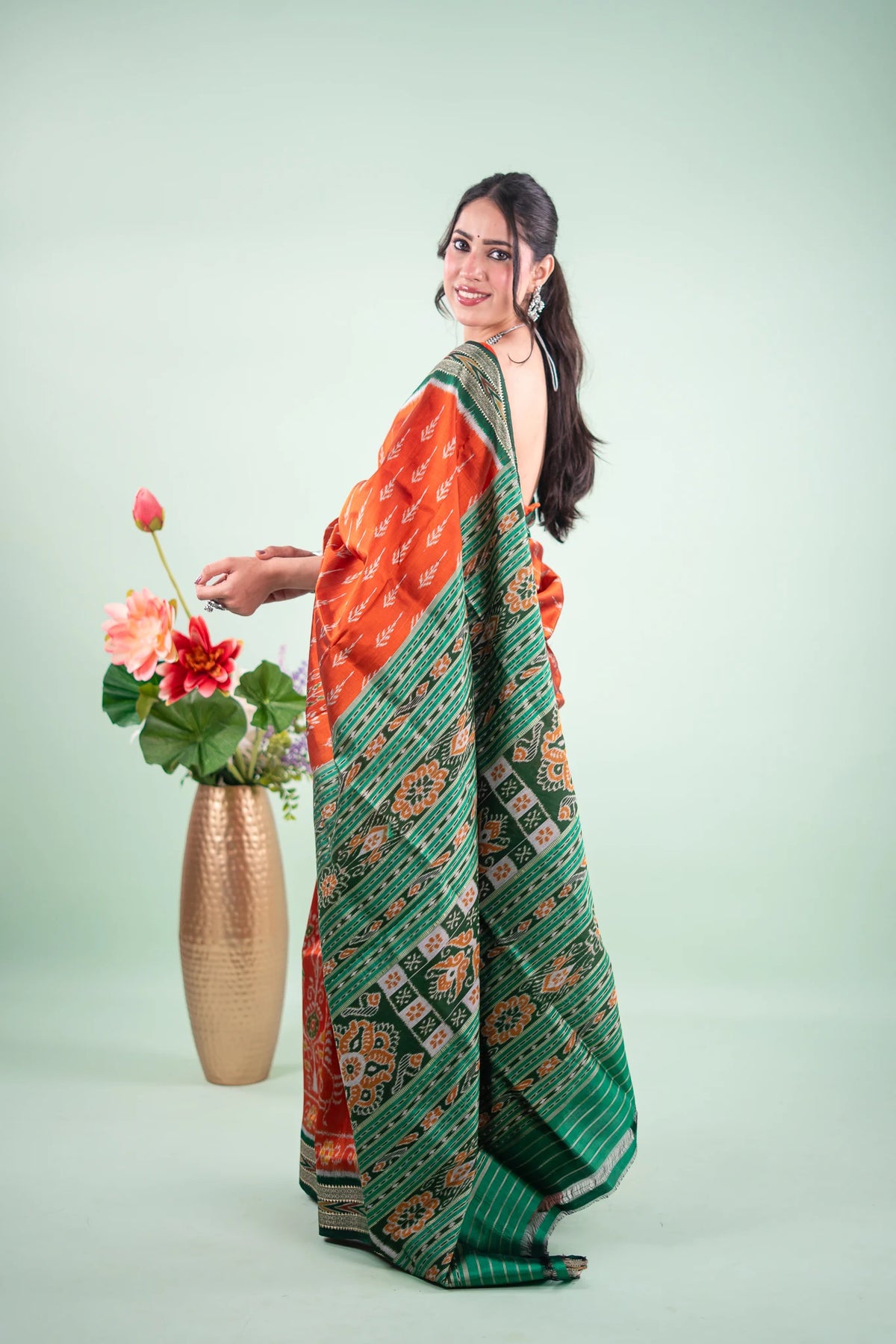 Rust Orange & Forest Green Khandua Silk Saree | Atulya Karigari