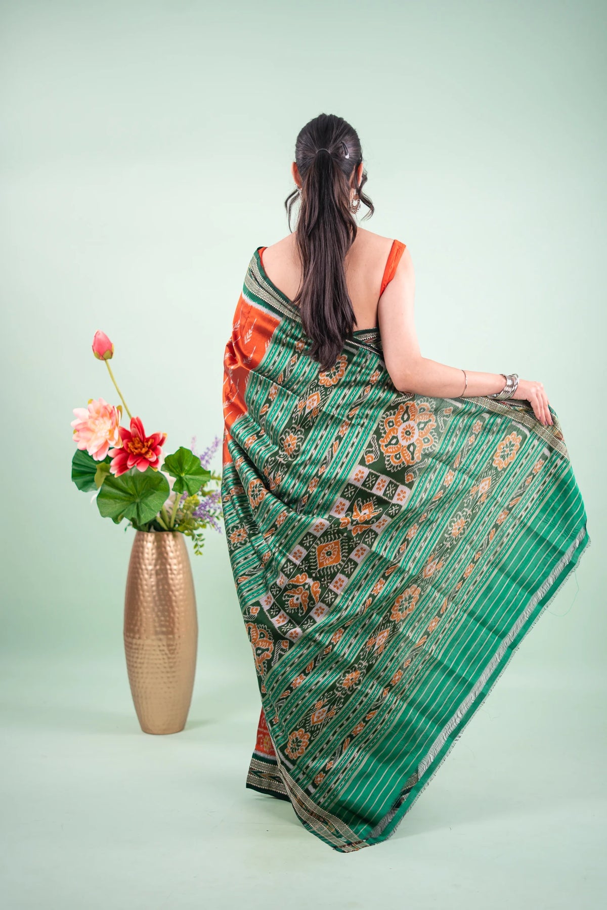 Rust Orange & Forest Green Khandua Silk Saree | Atulya Karigari