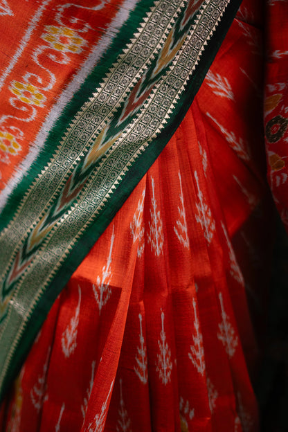 Rust Orange & Forest Green Khandua Silk Saree | Atulya Karigari