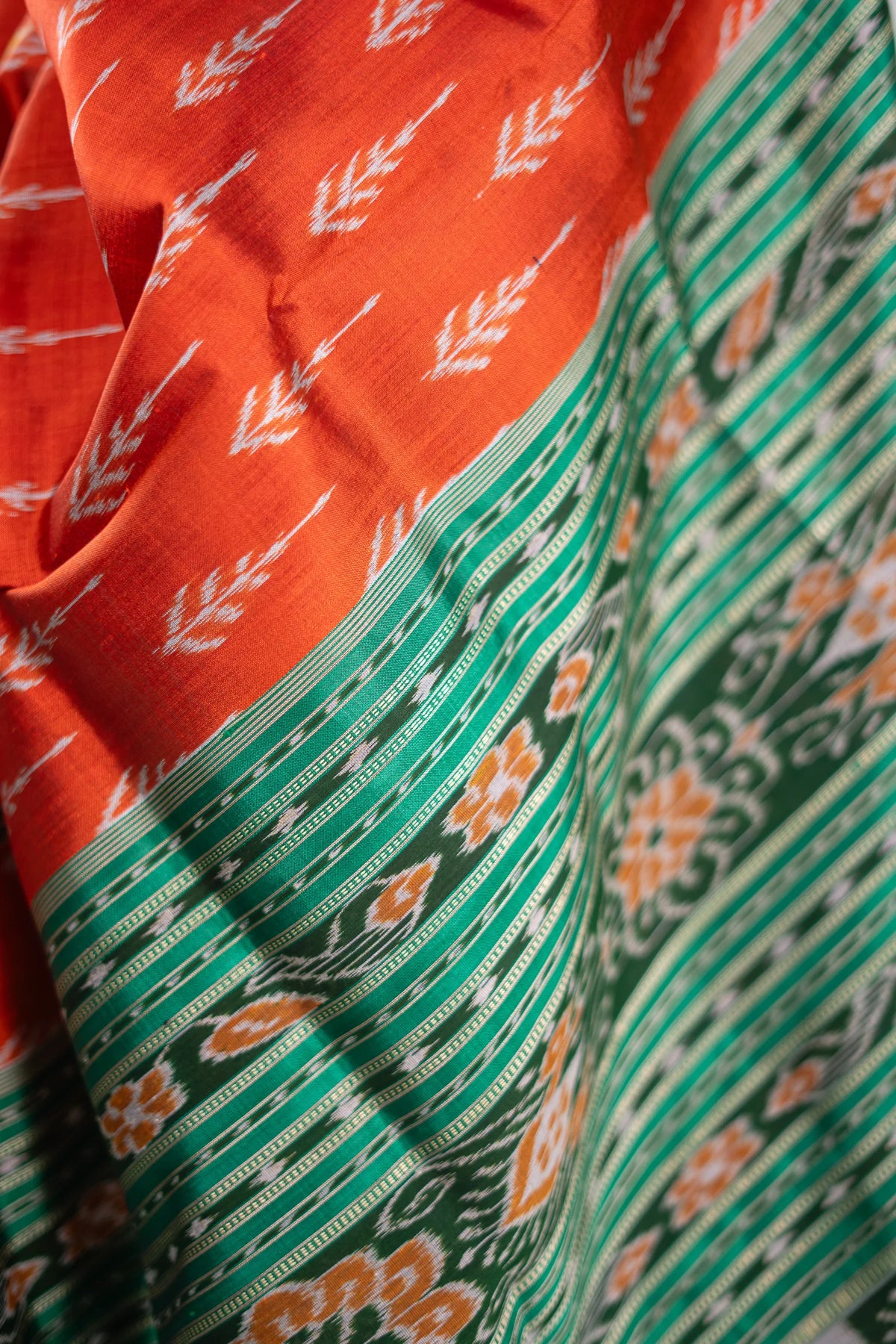 Rust Orange & Forest Green Khandua Silk Saree | Atulya Karigari
