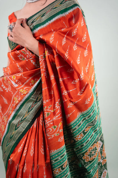 Rust Orange & Forest Green Khandua Silk Saree | Atulya Karigari