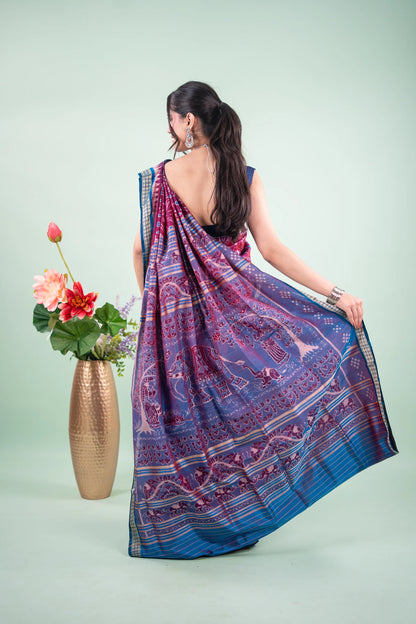 Deep Purple & Teal Blue Khandua Silk Saree | Atulya Karigari
