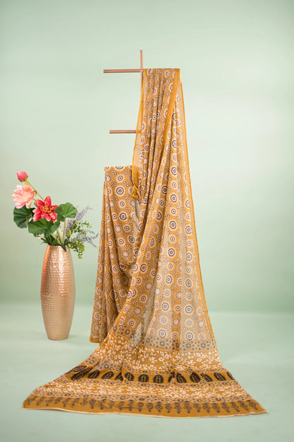Olive Gold Mandala Mulmul Cotton Saree