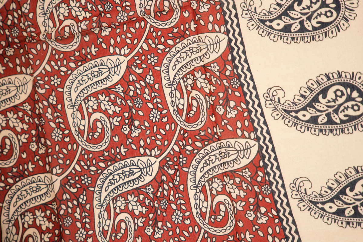 Black Beige Paisley Temple Mulmul Cotton Saree