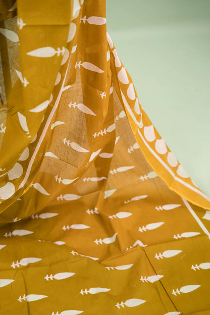 Olive Green Leaf Bud Mul Mul Cotton Saree