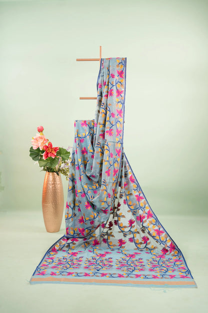 Muted Sea Green Cotton Silk Saree with Multicolour Floral Jaal & Navy Blue Border | Atulya Karigari