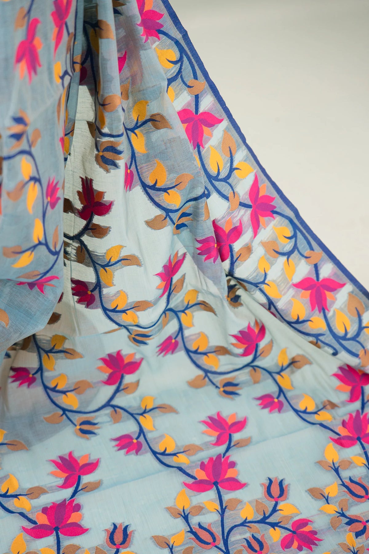 Muted Sea Green Cotton Silk Saree with Multicolour Floral Jaal & Navy Blue Border | Atulya Karigari