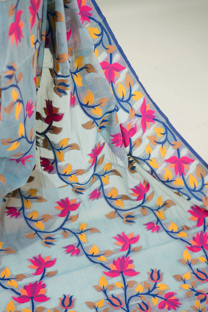 Muted Sea Green Cotton Silk Saree with Multicolour Floral Jaal & Navy Blue Border | Atulya Karigari