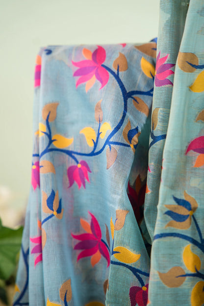 Muted Sea Green Cotton Silk Saree with Multicolour Floral Jaal & Navy Blue Border | Atulya Karigari