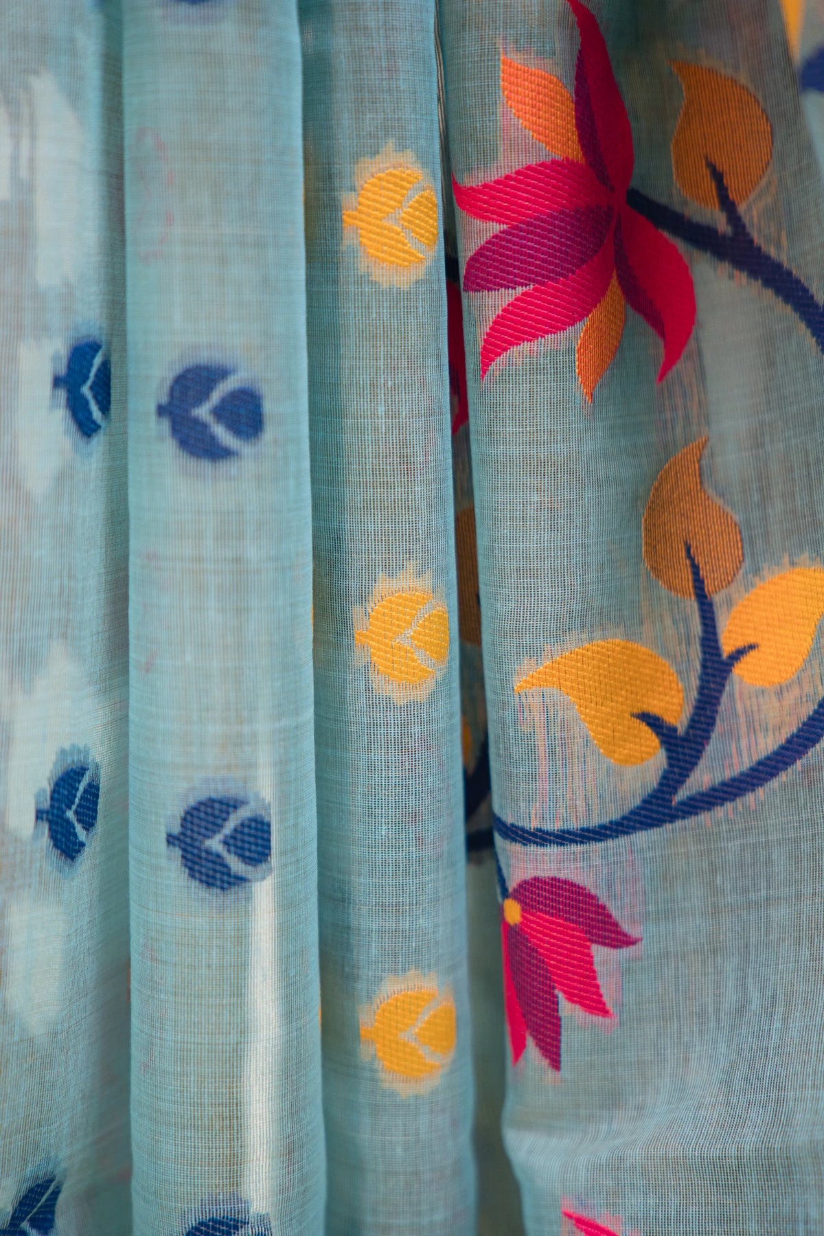 Muted Sea Green Cotton Silk Saree with Multicolour Floral Jaal & Navy Blue Border | Atulya Karigari