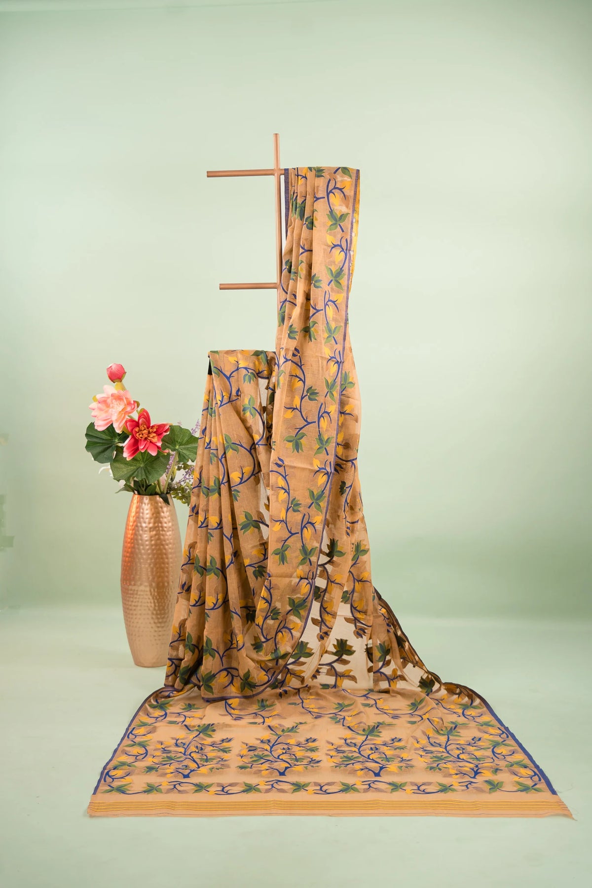Muted Gold Cotton Silk Saree with Floral Vine Jaal & Navy Blue Border | Atulya Karigari