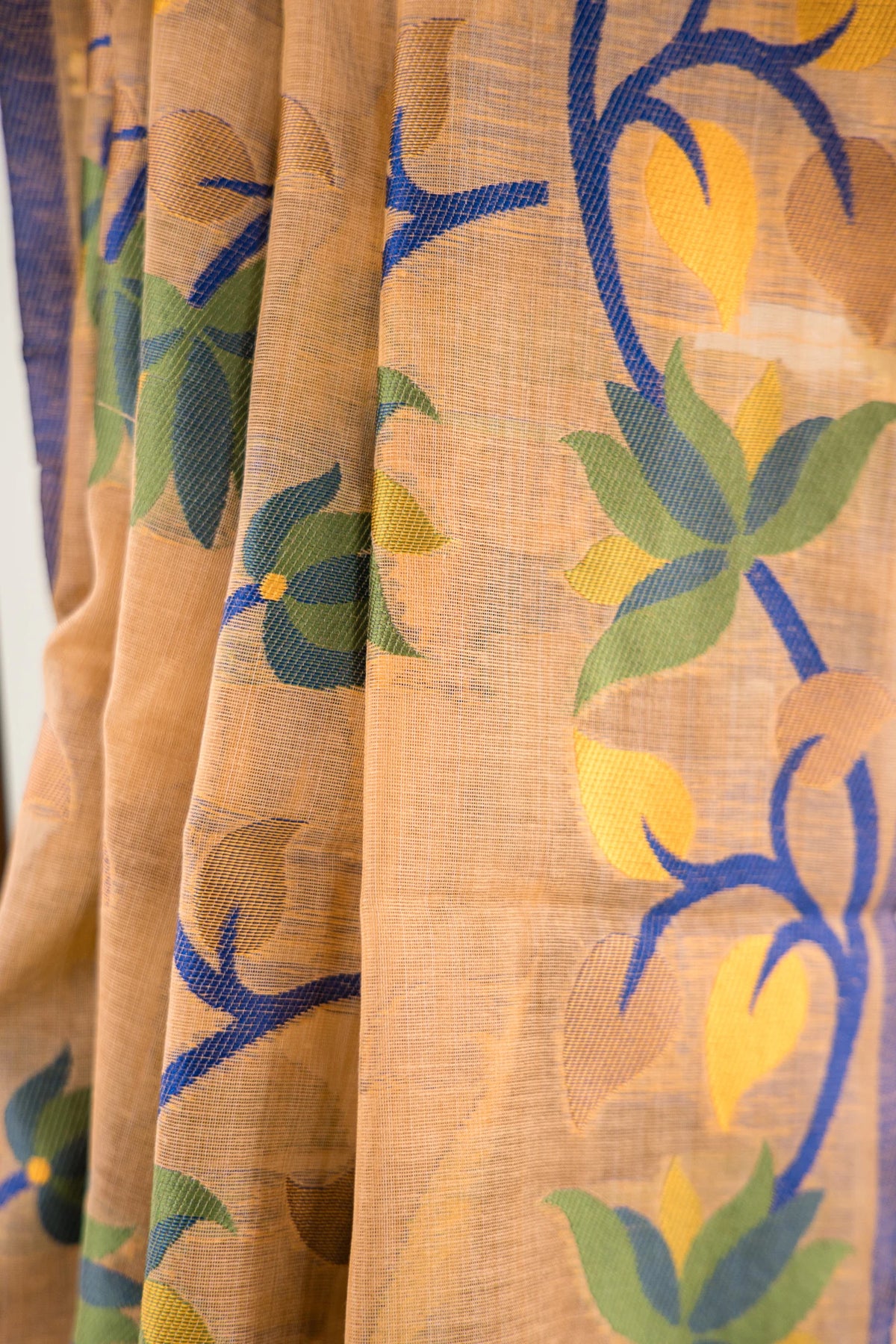Muted Gold Cotton Silk Saree with Floral Vine Jaal & Navy Blue Border | Atulya Karigari